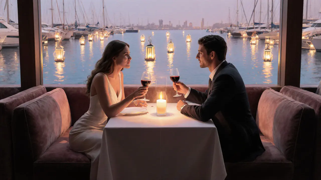 A couple sharing a candlelit dinner at a serene marina lounge with soft lighting and calm water views.
