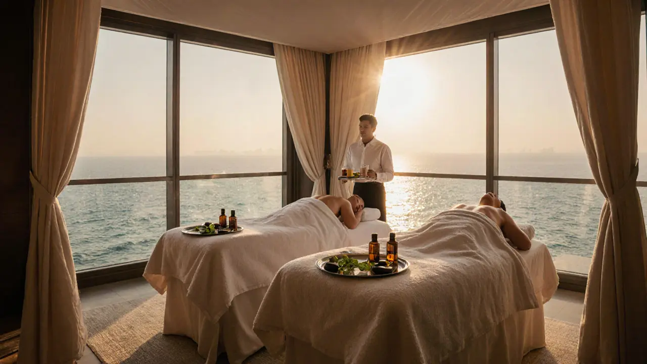A couples&#039; massage suite with ocean views, two heated tables, and warm towels under golden hour light.