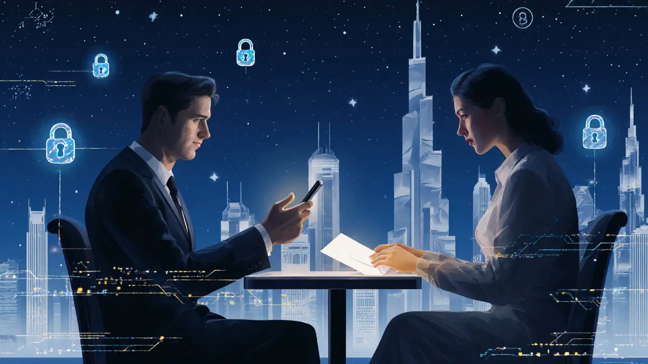 A discreet nighttime meeting in a dim café, surrounded by subtle digital lock symbols representing privacy and safety.