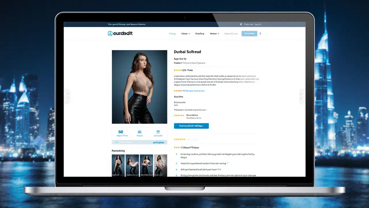 A discreet online escort profile on a laptop screen with a Dubai skyline in the background.