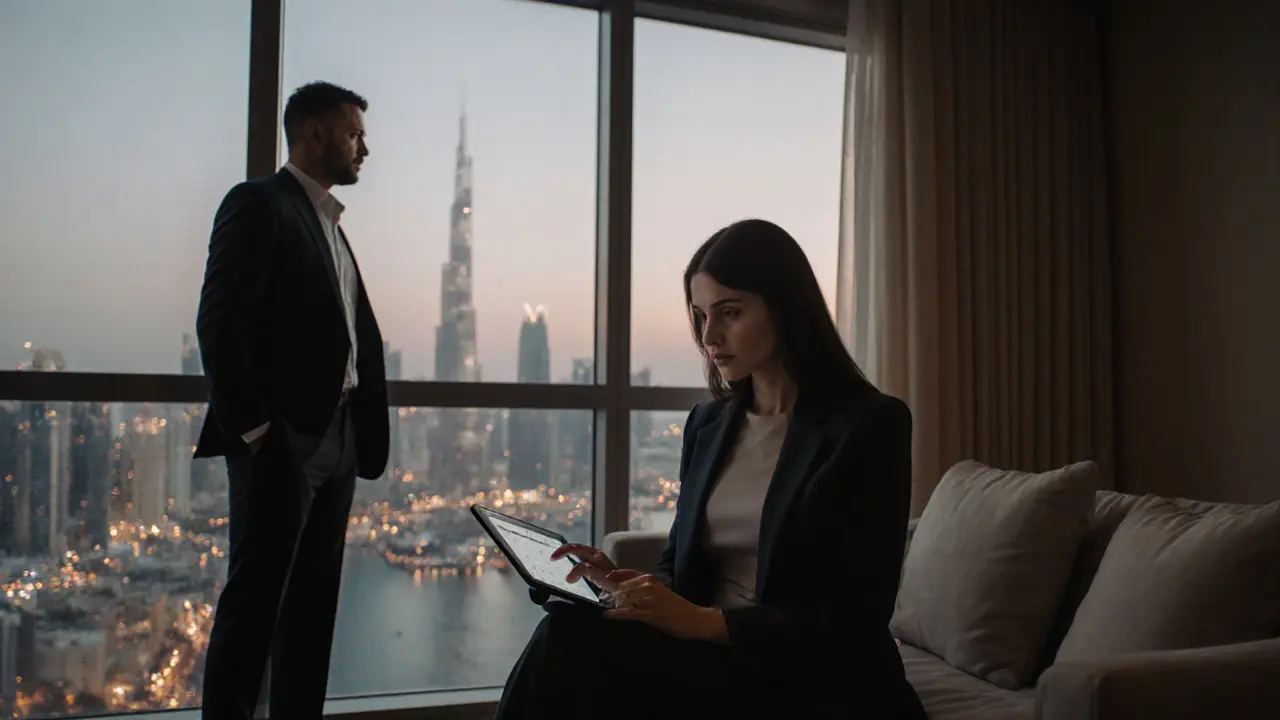 A professional companion reviewing her schedule in a modern Dubai apartment at dusk.