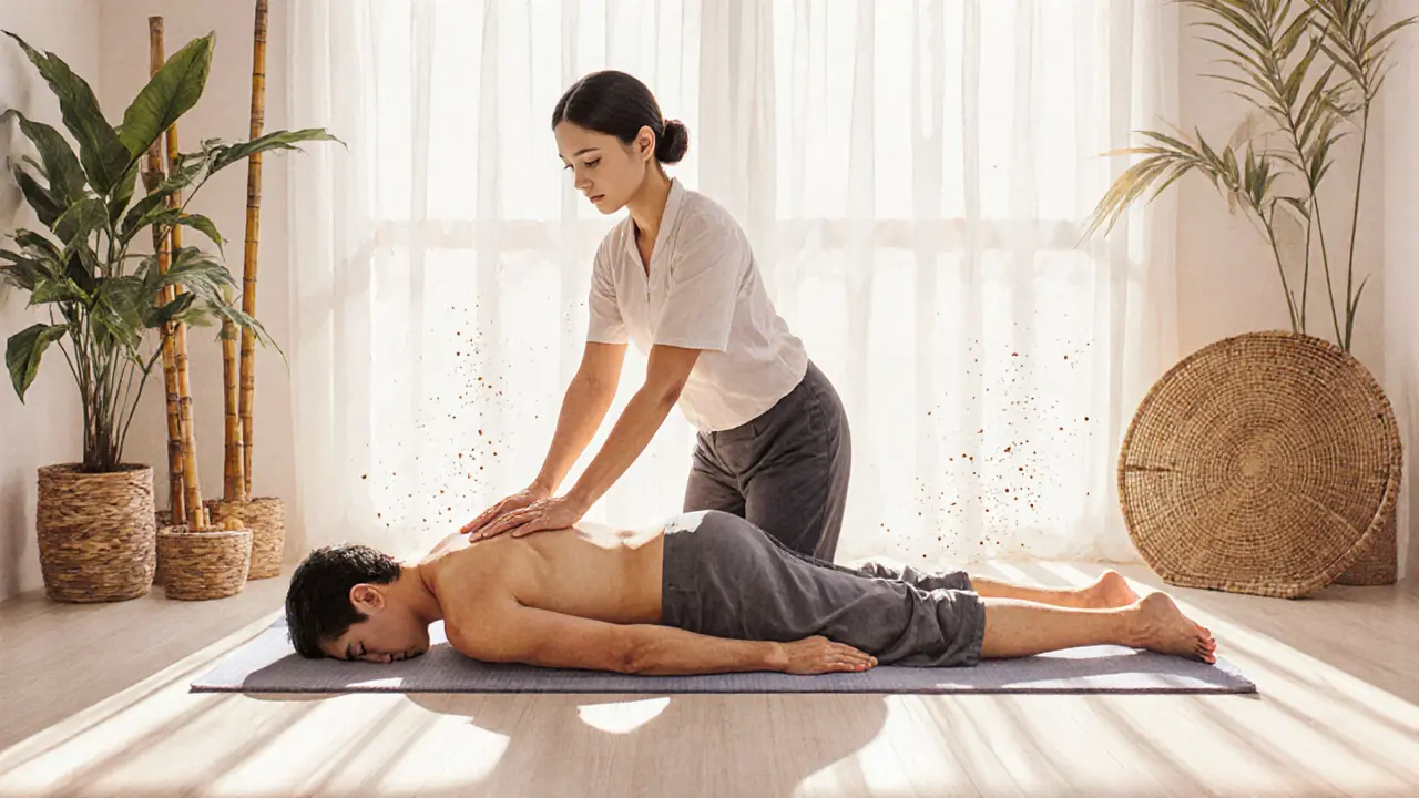 A therapist performing Thai massage on a clothed client using hands and feet, in a calm, plant-filled space.