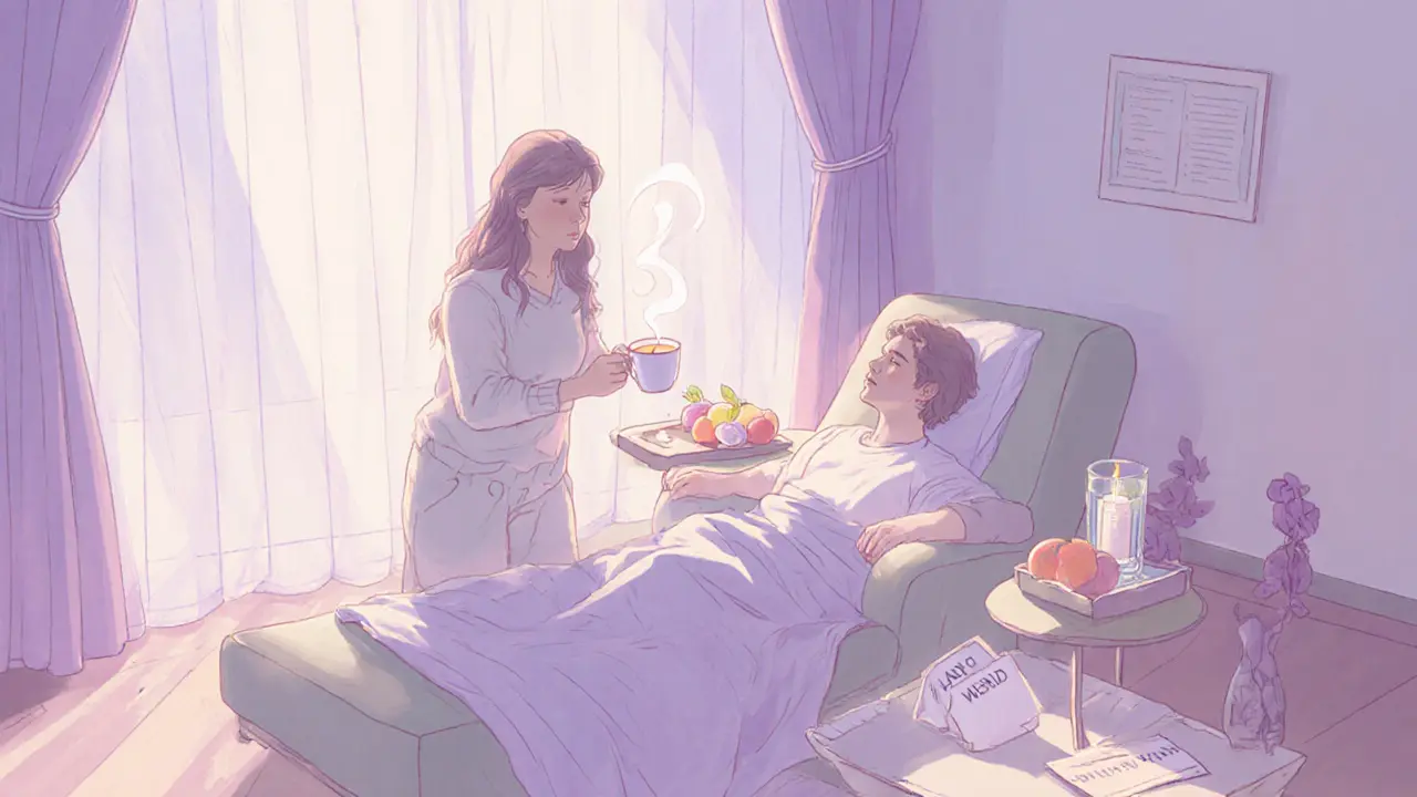 Aftercare scene with tea, blankets, and soft lighting showing care and safety.