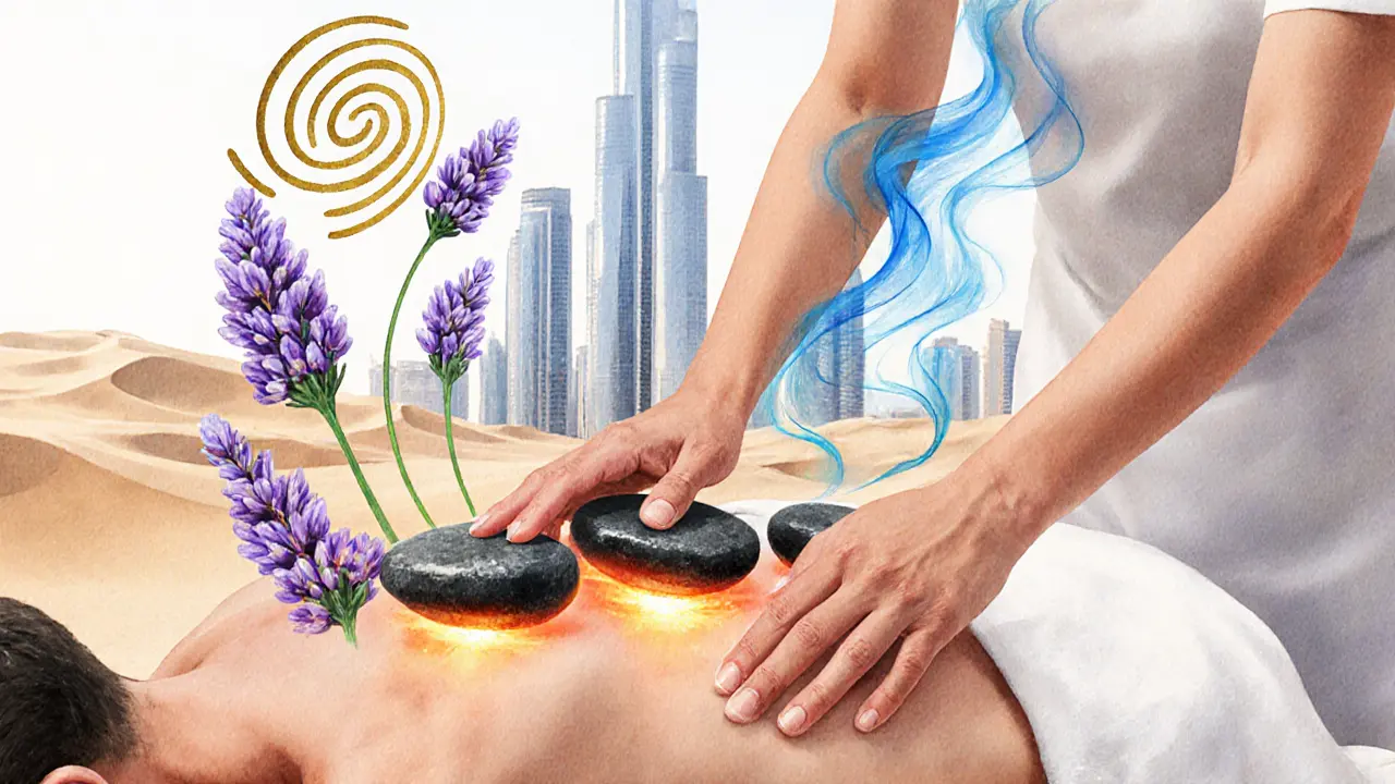 An artistic watercolor scene blending traditional massage techniques with modern wellness elements in a Dubai spa setting.