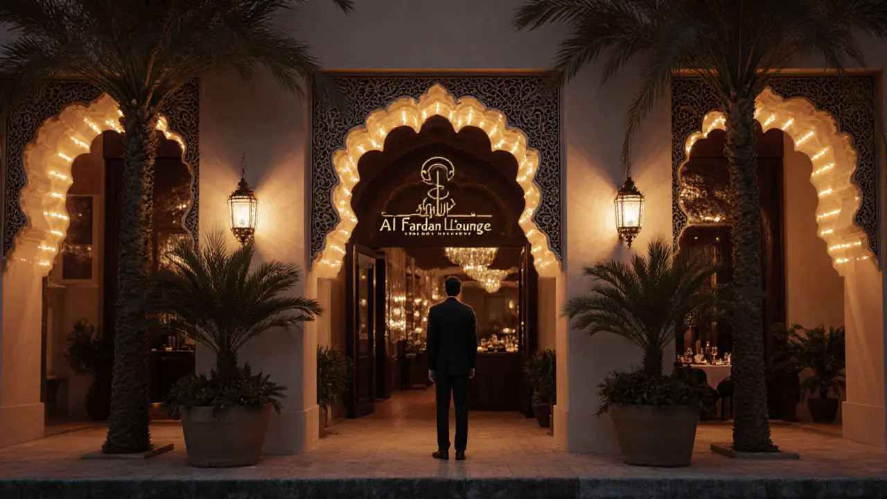 An elegant, discreet entrance to a hidden lounge along Dubai Creek, illuminated by warm amber lights at dusk.