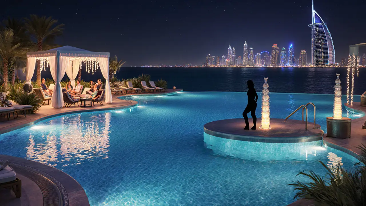 Atlantis The Palm's Royal Pool at night with VIP cabanas, underwater lights, and ocean views.