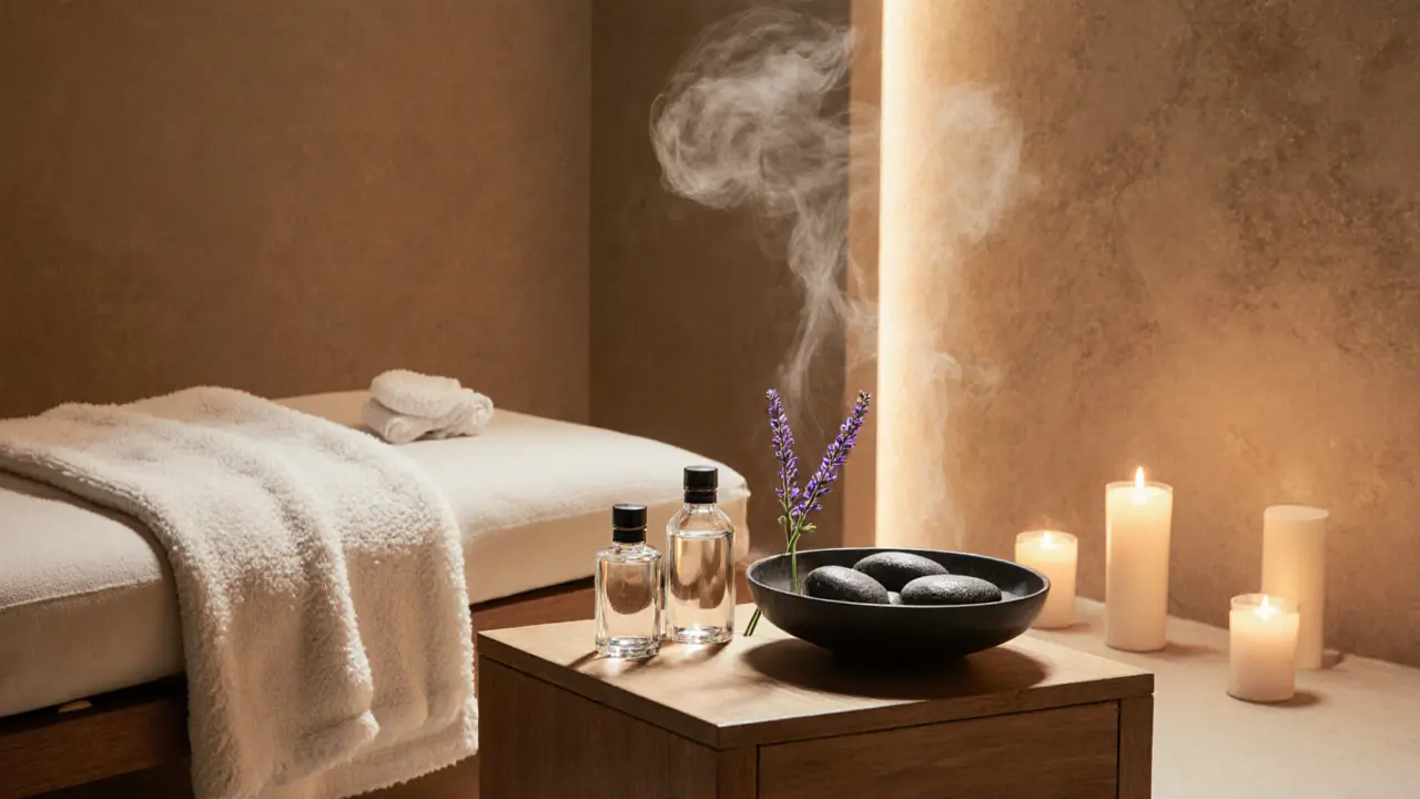 Calm spa treatment room with candles, essential oils, and hot stone bowl.