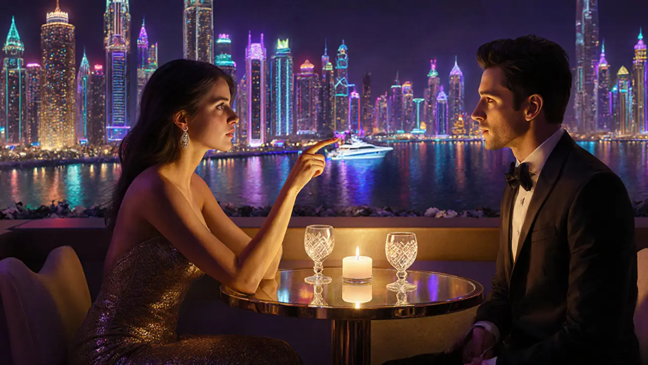 Companion and client enjoy drinks at a rooftop bar overlooking Dubai's night skyline.