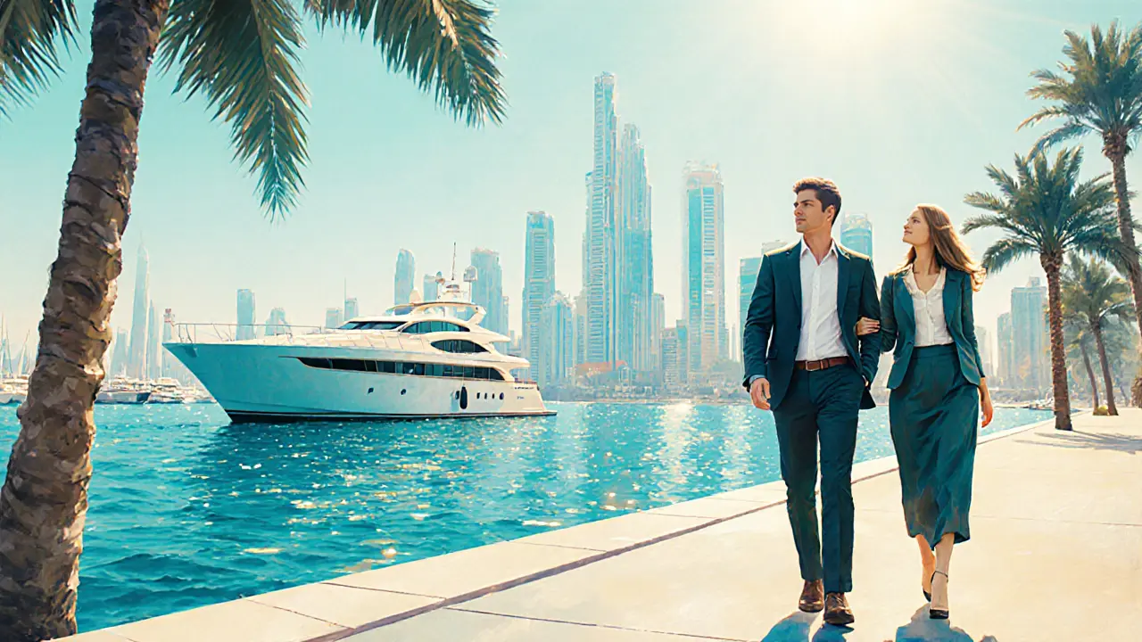 Companion and client strolling Marina promenade beside a yacht under bright sunlight.