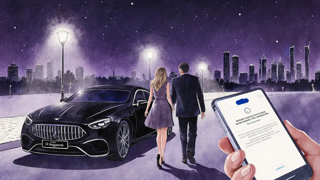 Companion and client walking to a black luxury car after a safe night out in Dubai.