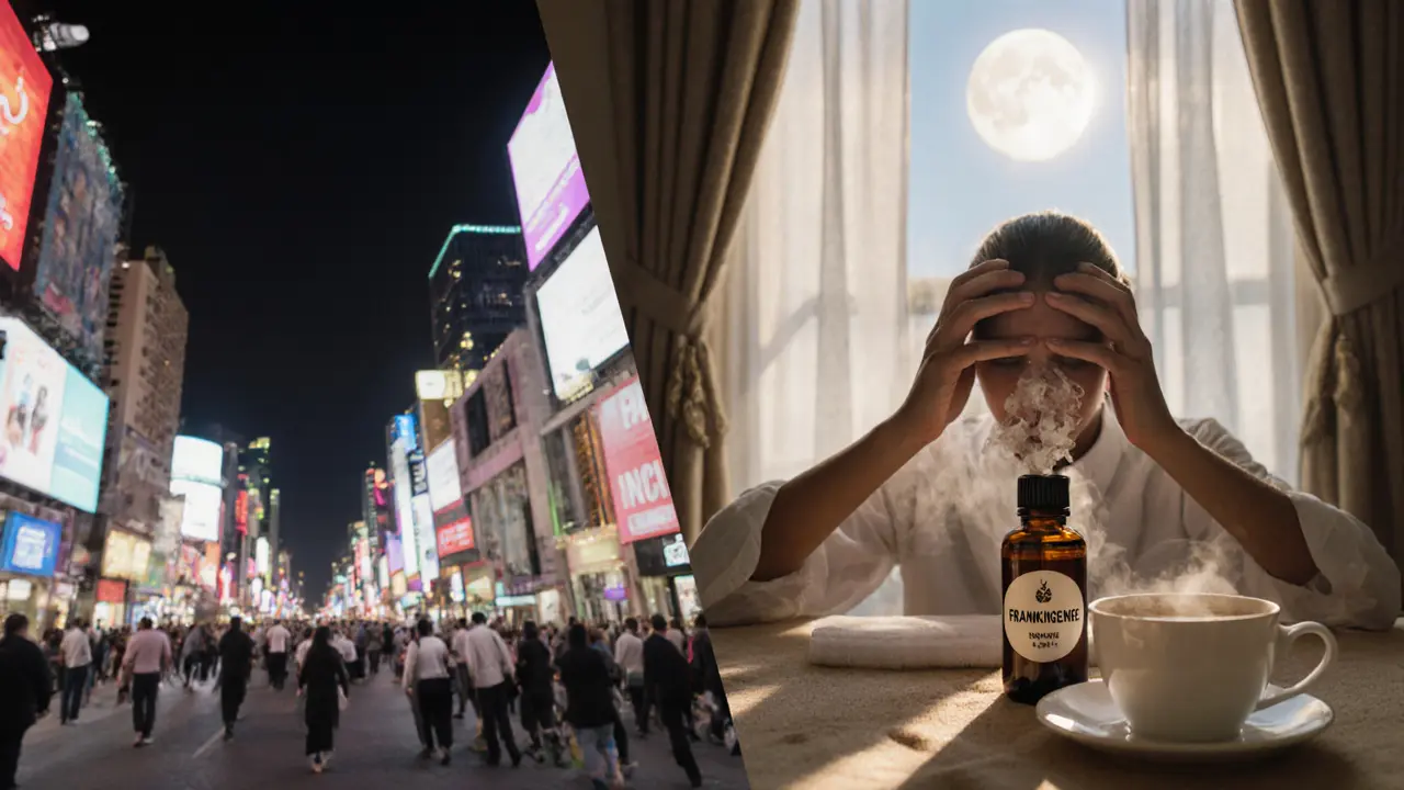 Contrasting image of chaotic city stress on one side and serene spa relaxation on the other, separated by a line of sand.