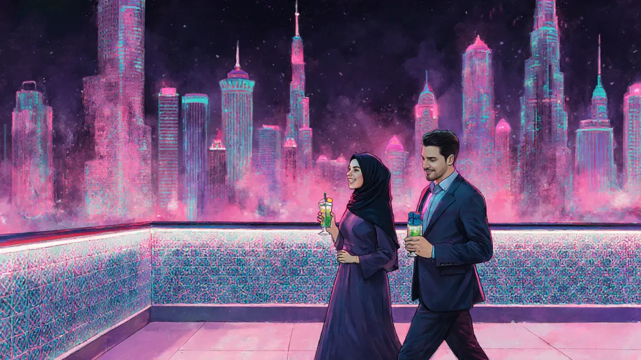 Couple strolling on a rooftop lounge balcony overlooking Dubai&#039;s vibrant night lights.