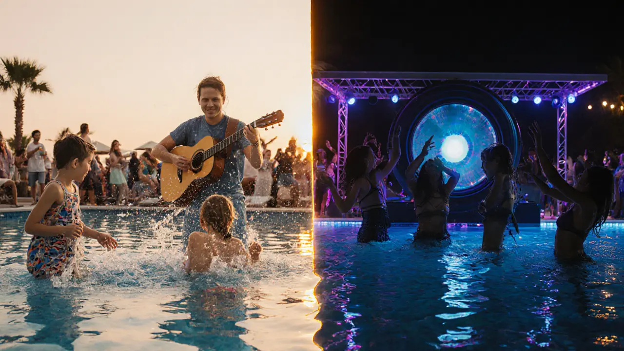 Day-to-night transformation of a Dubai pool party: families by day, energetic dancers by night.
