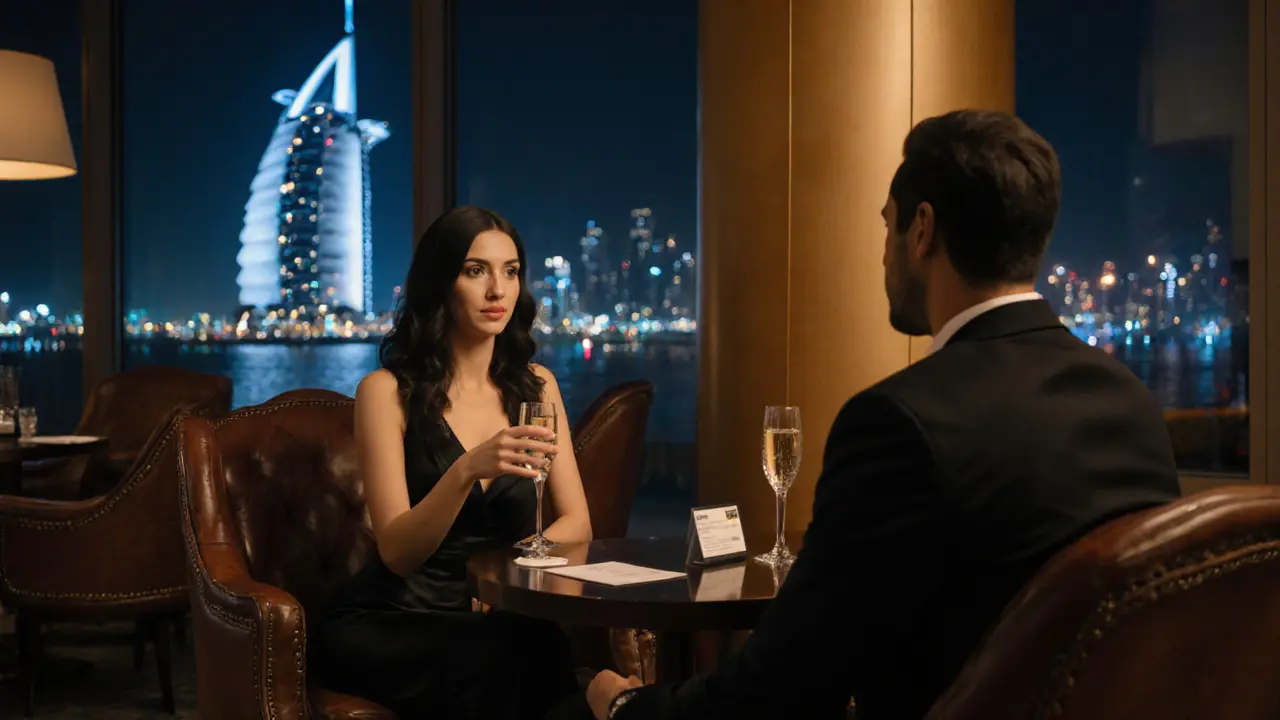 Elegant escort and client sharing champagne in a luxurious hotel lounge with skyline windows.