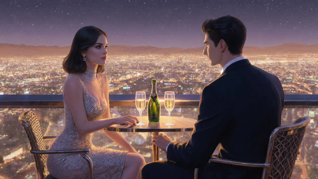 Elegant escort and client sharing champagne on a rooftop bar with city lights behind.