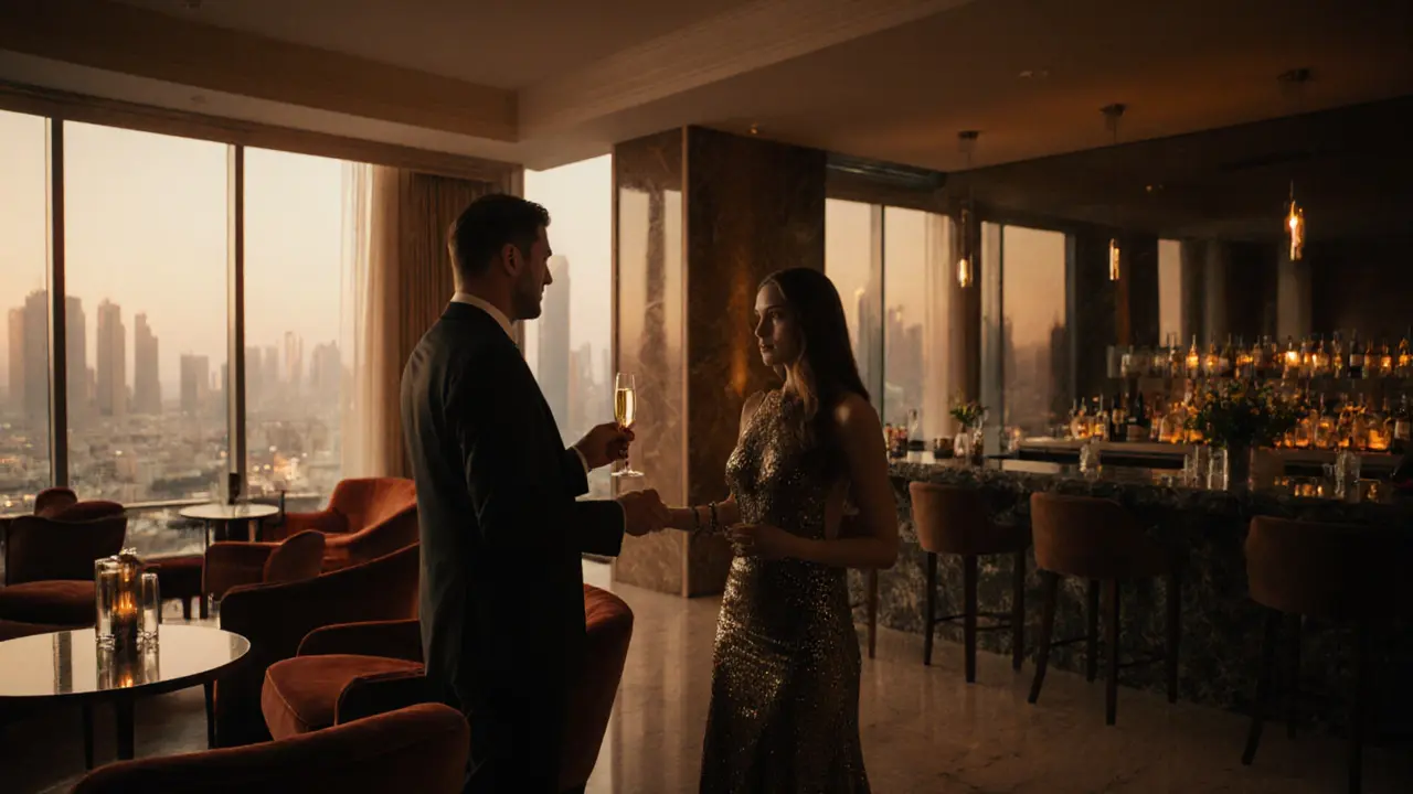 Elegant hotel lounge scene with a companion offering champagne.