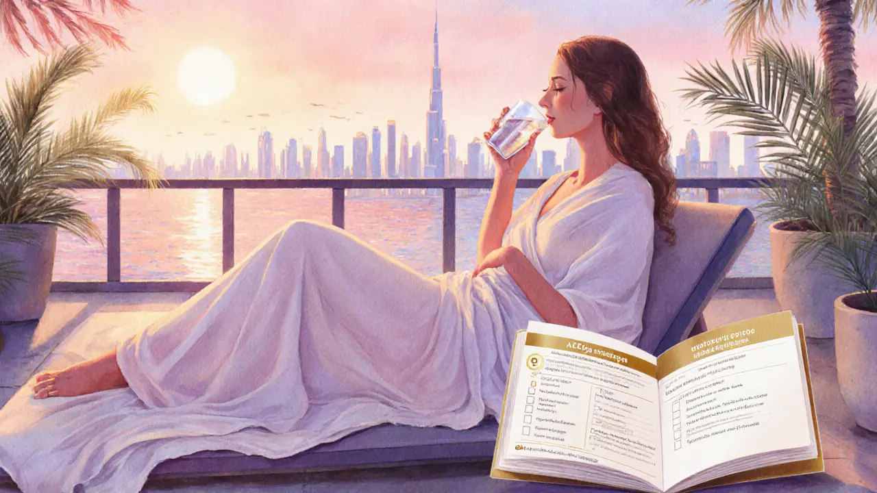 Guest relaxing on a terrace after a massage, overlooking Dubai skyline at sunset.