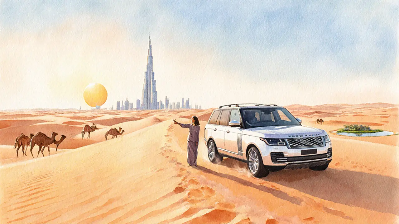 Guide leads a client on a desert sunrise excursion with a luxury SUV and dunes.