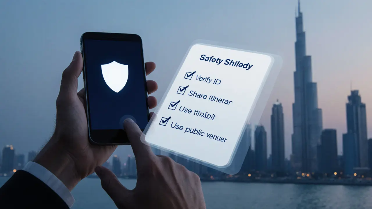Hand holding a phone displaying a safety app beside a faint checklist and Dubai skyline silhouette.