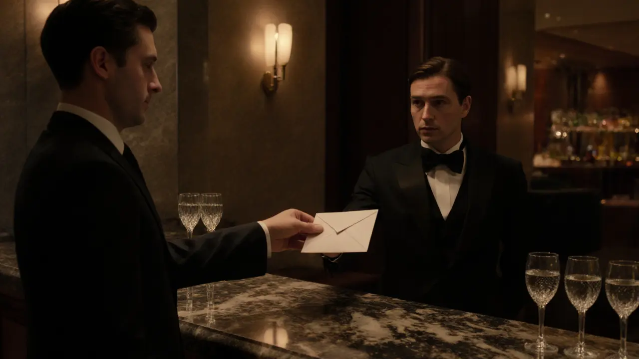 Hotel concierge discreetly gives a sealed envelope to a well‑dressed guest.