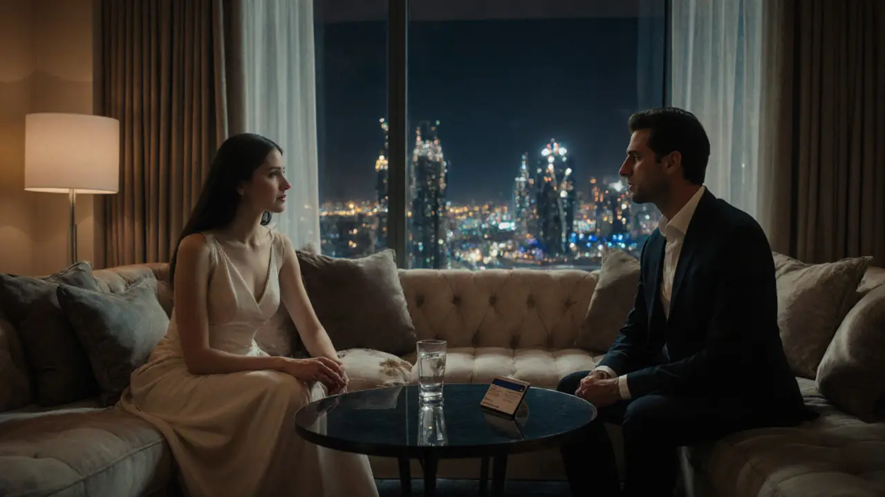 Hotel suite interior with a well‑dressed woman and a man discussing over a coffee table.