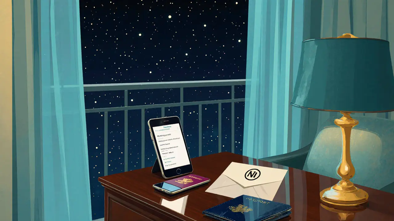 Hotel suite showing passport, phone confirmation, and privacy items.