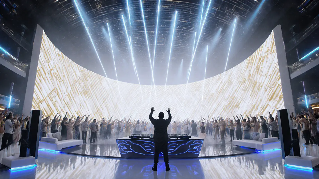 Interior dance floor with LED curtain, laser beams, DJ booth and energetic crowd.