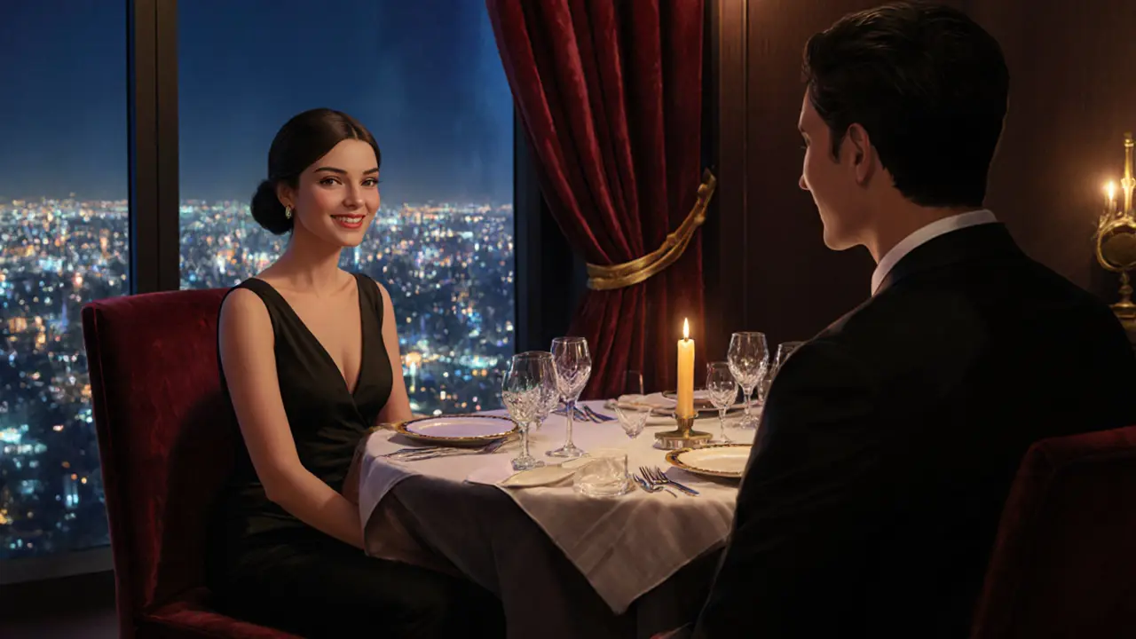 Luxurious dinner setting with a well‑dressed companion across a candlelit table.