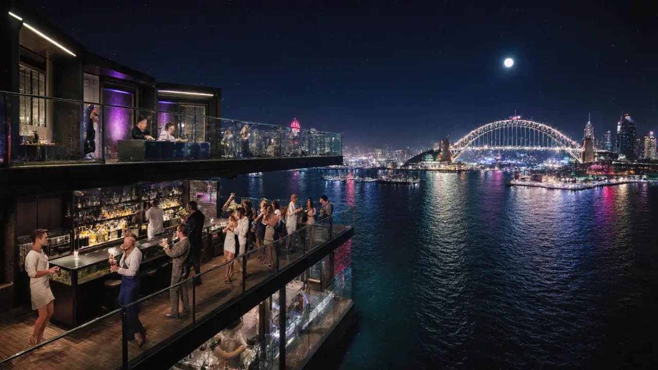 Nighttime rooftop bar in Dubai Marina with neon lights and Dubai Opera in view.