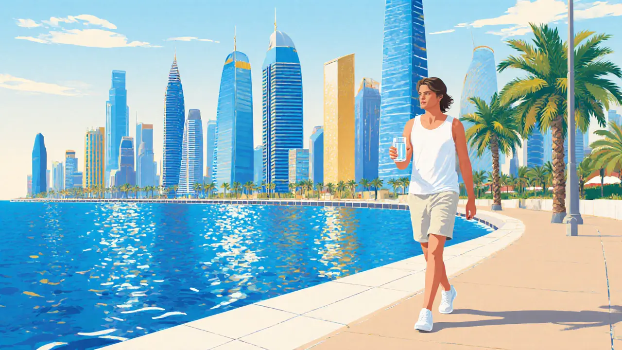 Refreshed person strolling near Dubai Marina after a massage, bathed in sunlight.