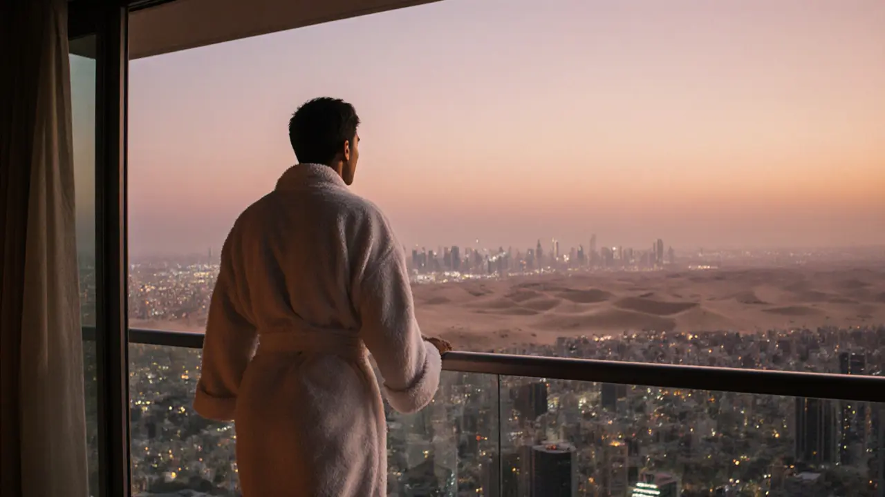 Relaxed guest in a robe on a balcony watching sunset over Dubai.