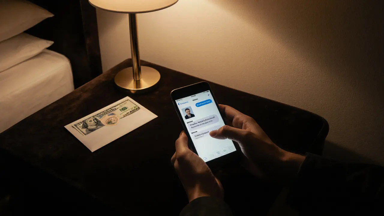 Smartphone, ID photo, and cash envelope on a dark table in a private hotel suite.