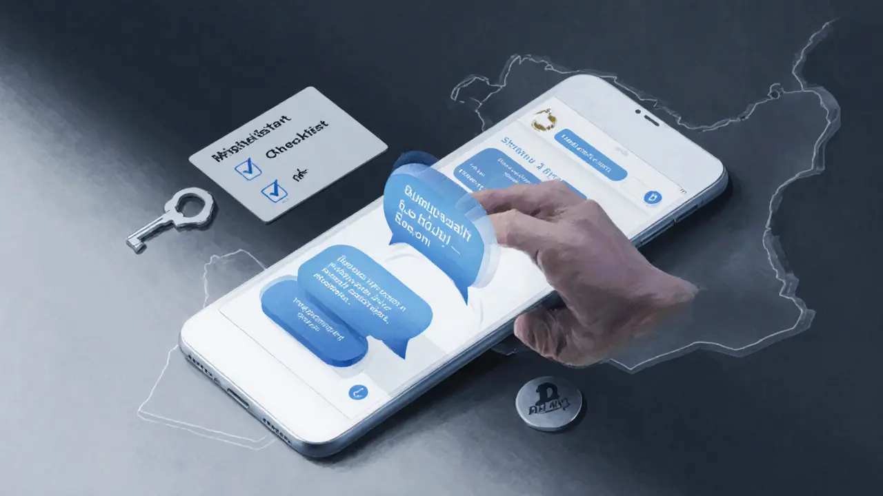 Smartphone showing encrypted chats beside a safety checklist, highlighting secure communication.