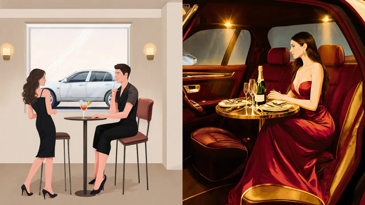 Split view of a casual lounge with a standard companion and a lavish VIP setting with a luxury car and elegant escort.