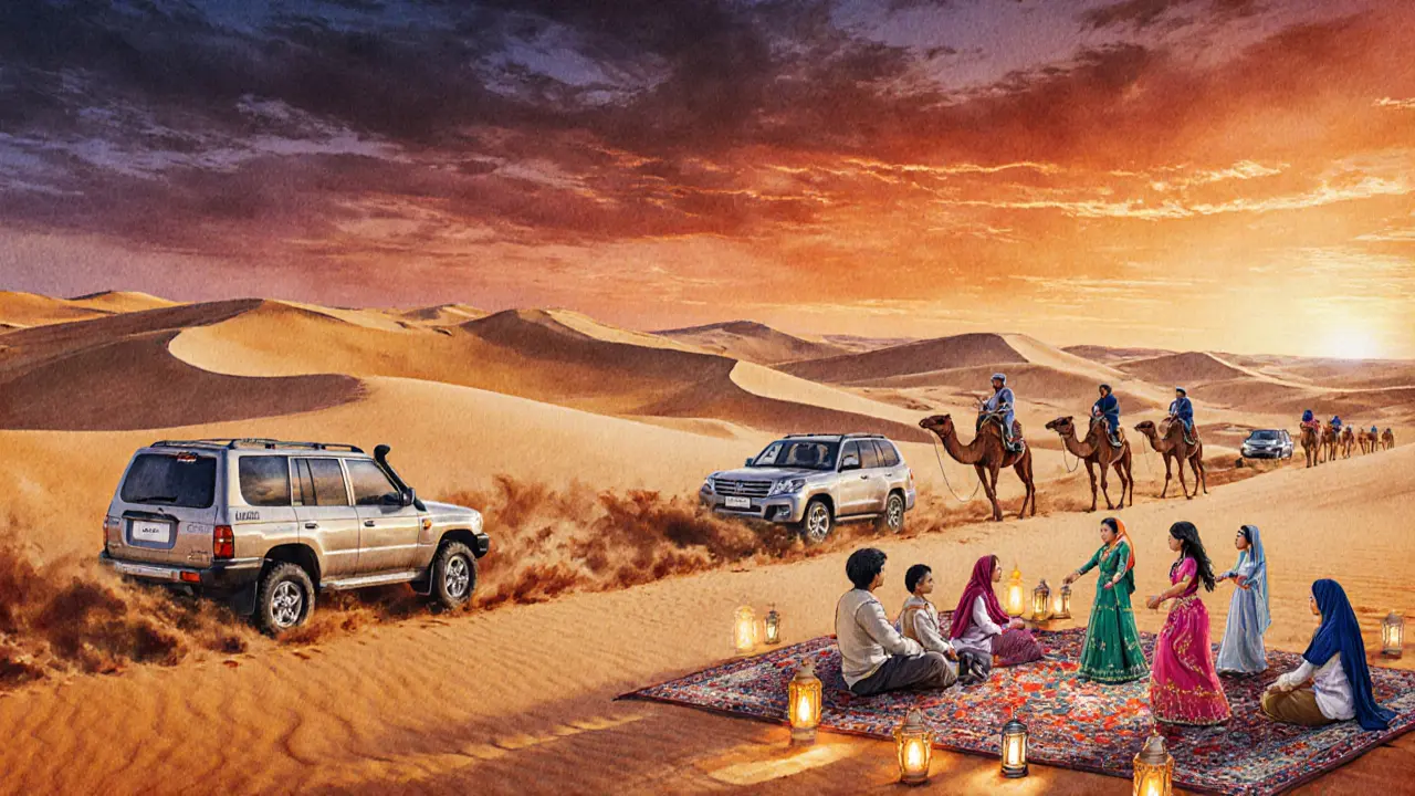 Sunset desert safari with dune‑bashing, camels, and a campfire dance scene.