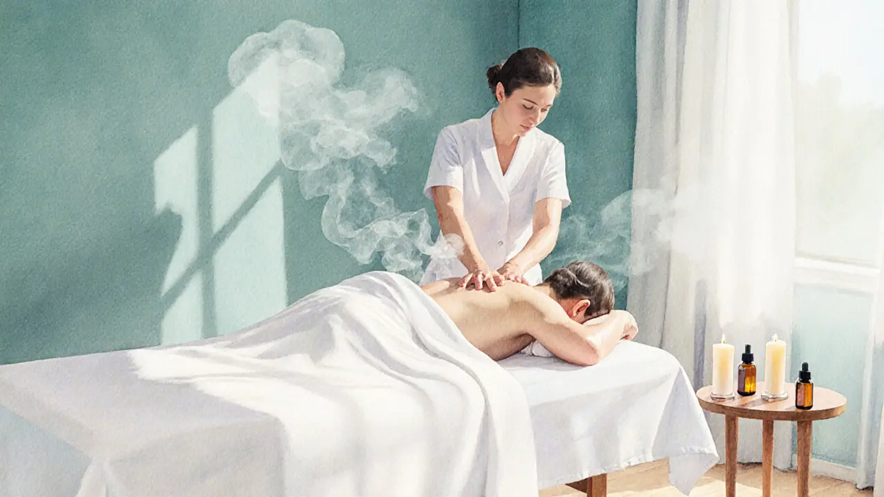 Therapist giving a deep‑tissue massage in a calm, candle‑lit room.