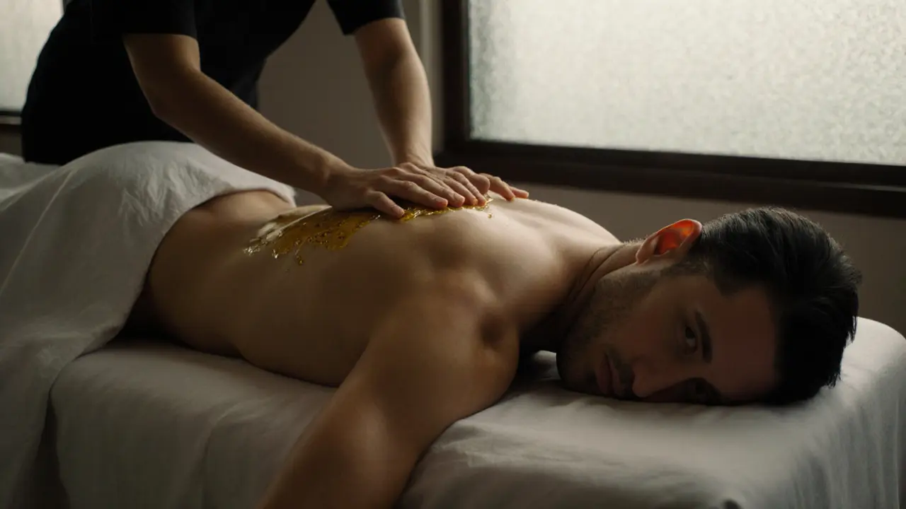 Therapist performing a skin‑to‑skin body‑to‑body massage on a client in a dimly lit private suite.