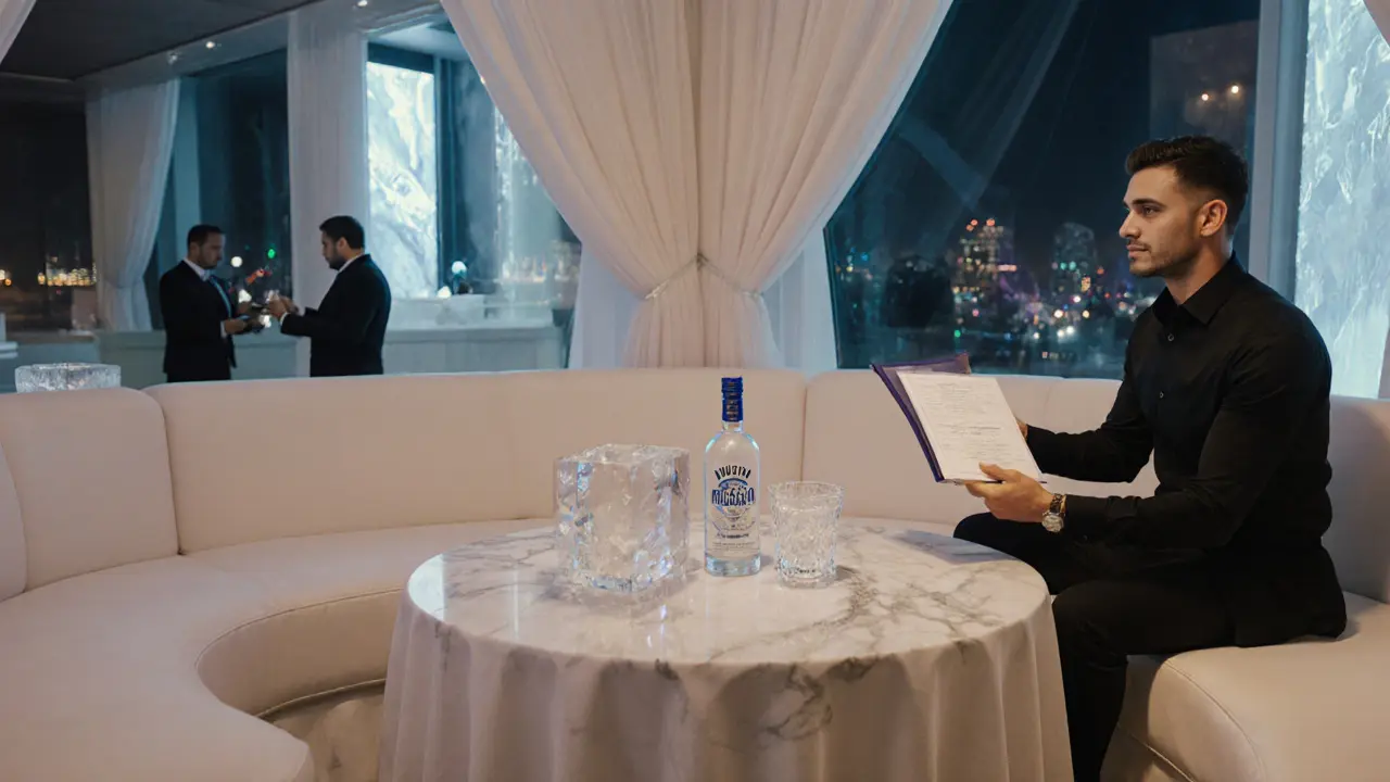 VIP lounge with bottle service, plush seating, host serving, and subtle security presence.