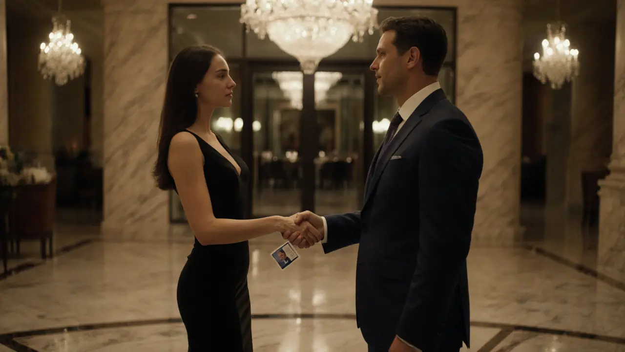 Well‑dressed escort and client shaking hands in a luxurious hotel lobby.