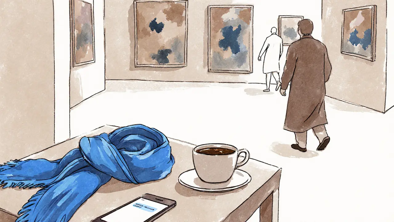 A blue scarf and coffee cup on a café table in Dubai&#039;s art district, hinting at a quiet encounter.