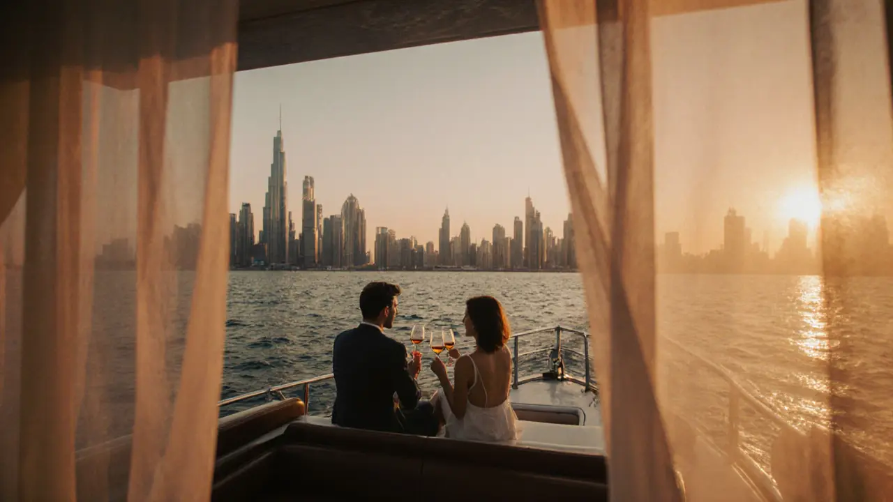 A couple quietly enjoying wine on a private yacht at sunset along Dubai Marina.