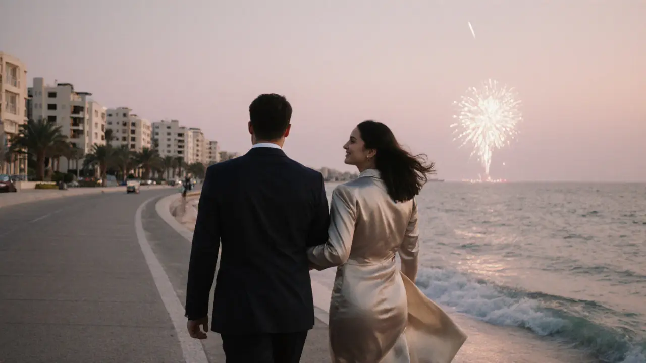 A couple strolling along the Palm Jumeirah at sunset, watching fireworks in the distance with calm, connected body language.