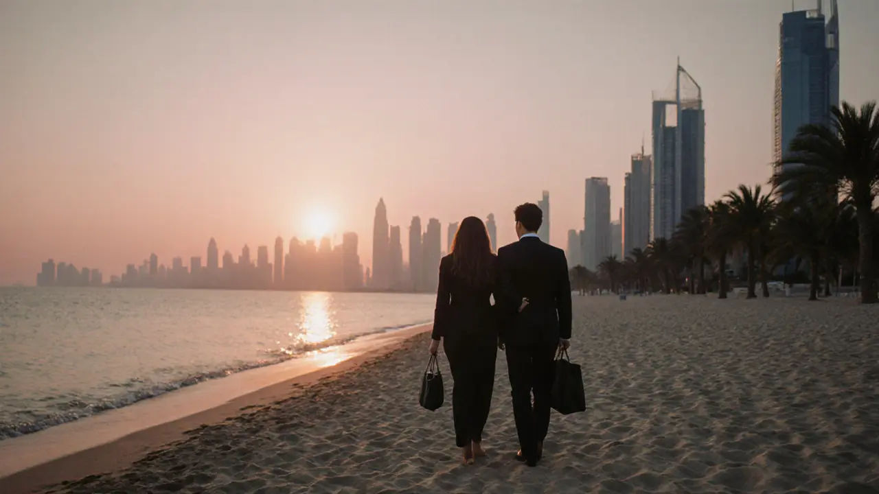 A couple walking along Jumeirah Beach at sunset, enjoying the view of Dubai&#039;s skyline.