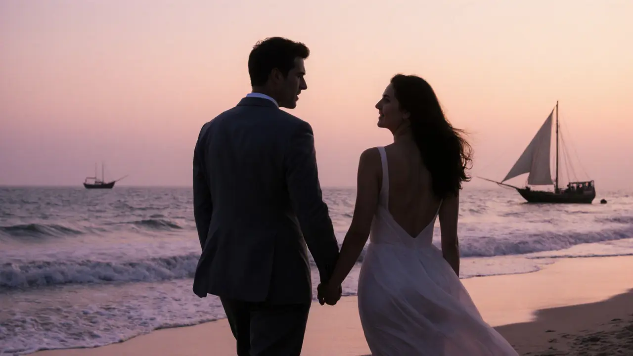 A couple walking peacefully along Jumeirah Beach at sunset.