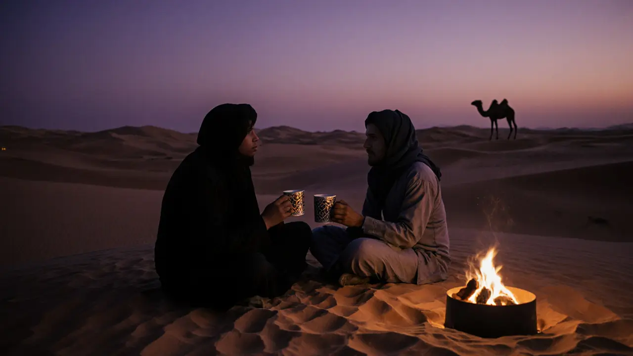 A cultural companion and traveler sharing coffee on a desert dune at sunset.