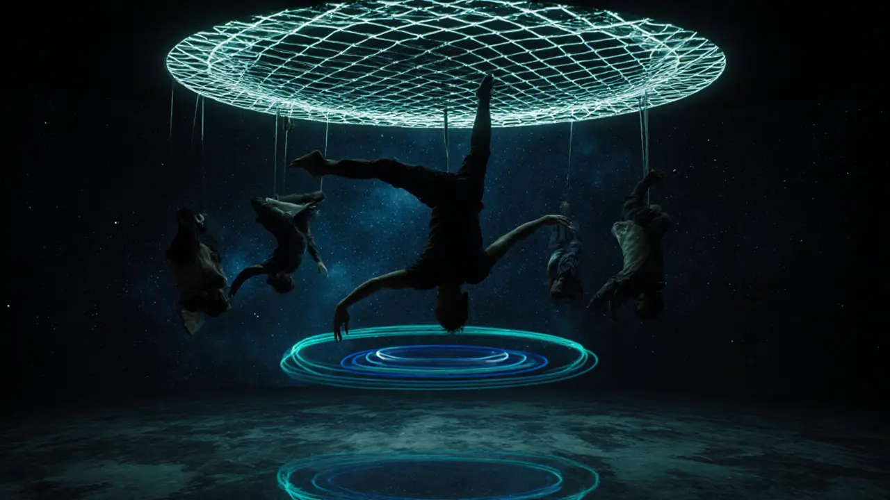 A dancer spinning midair against a glowing ceiling net, with starlight reflections below.