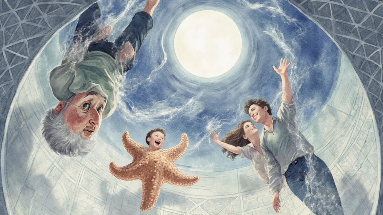 A diverse group of people peacefully drifting in midair, smiling in a surreal, dreamlike space.