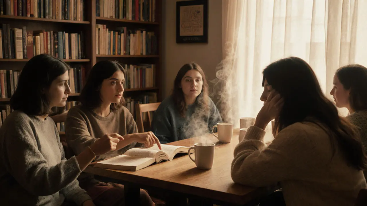 A diverse group of women having a quiet book club conversation in a cozy café.