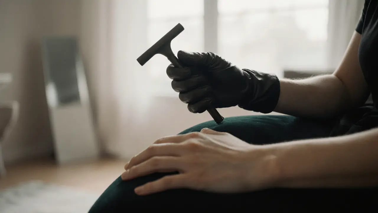 A gloved hand holds a leather crop as a trembling bare hand rests on velvet, symbolizing surrender and control.
