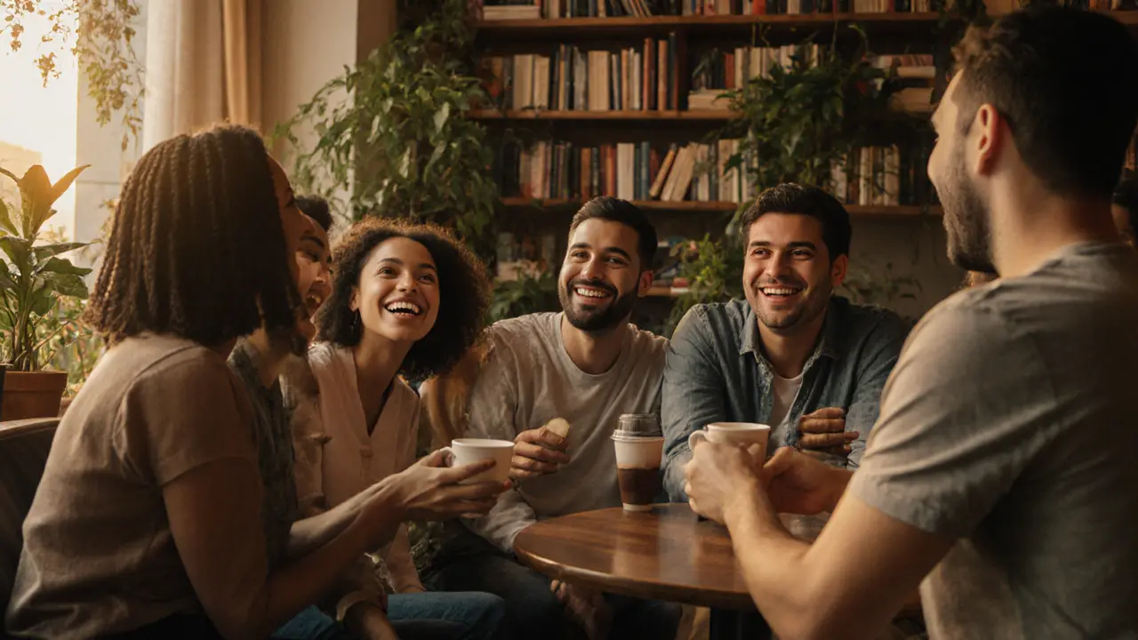A group of people smiling and chatting warmly in a cozy Dubai café during golden hour.